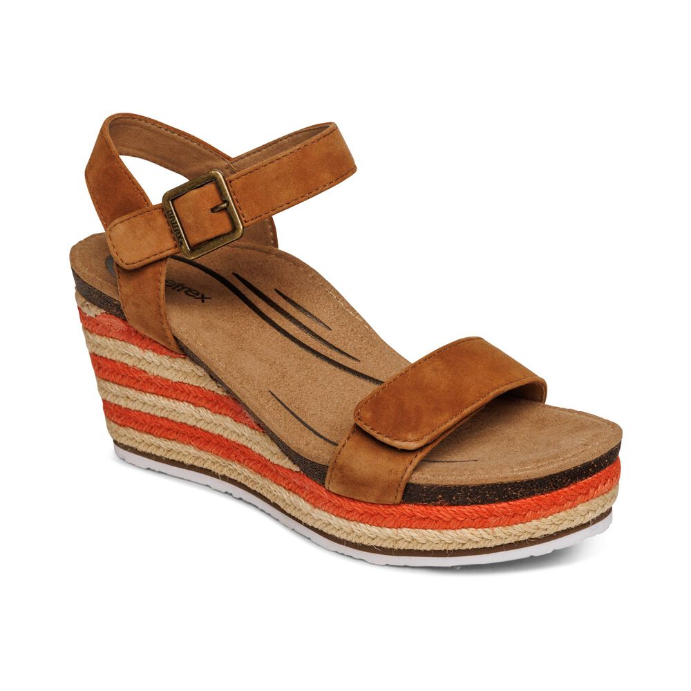 Aetrex Women's Sydney Quarter Strap Espadrille Wedge Sandals - Cognac | USA EU2RMG6